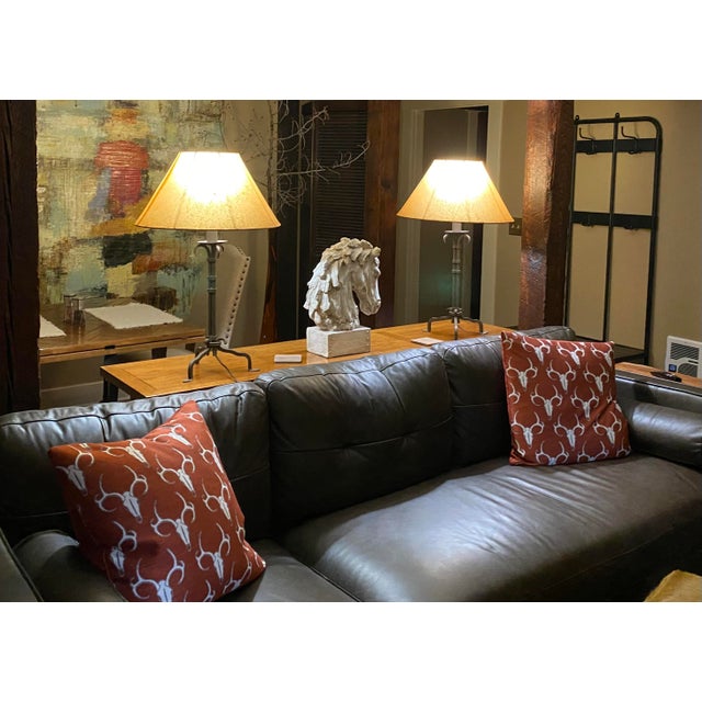 Rustic Hand-Wrought Iron Table Lamps With Oiled Shades, a Pair For Sale - Image 14 of 14