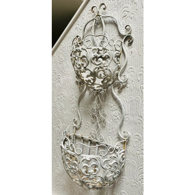Vintage 1960s White Iron and Metal Hollywood Regency Double Wall Planter For Sale - Image 6 of 13