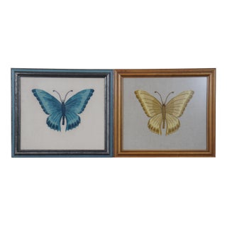 1970s Mid-Century Embroidered Textile Needlepoint Butterfly Insect Art - Set of 2 For Sale