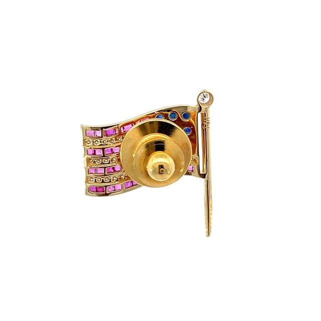 14k Heavy Gold American Flag Brooch With Ruby, Sapphire & Diamond For Sale - Image 4 of 10
