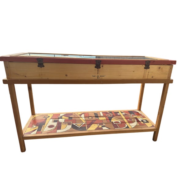 Vintage Hand Painted Geometric Wood and Glass Display Case Console For Sale In Santa Fe - Image 6 of 10