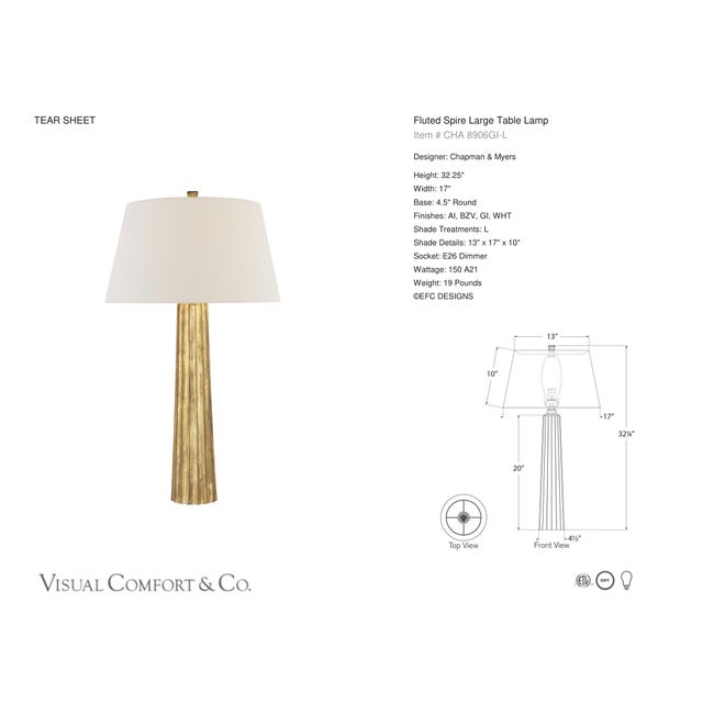 Chapman & Myers by Visual Comfort Signature Fluted Spire Large Table Lamp in Gilded Iron with Linen Shade Designer:...