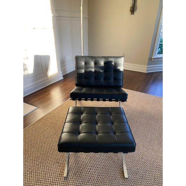 Knoll Barcelona chair and stool in mint condition. Purchased at DWR Black leather Stool dimensions: 25”x23”x16”H