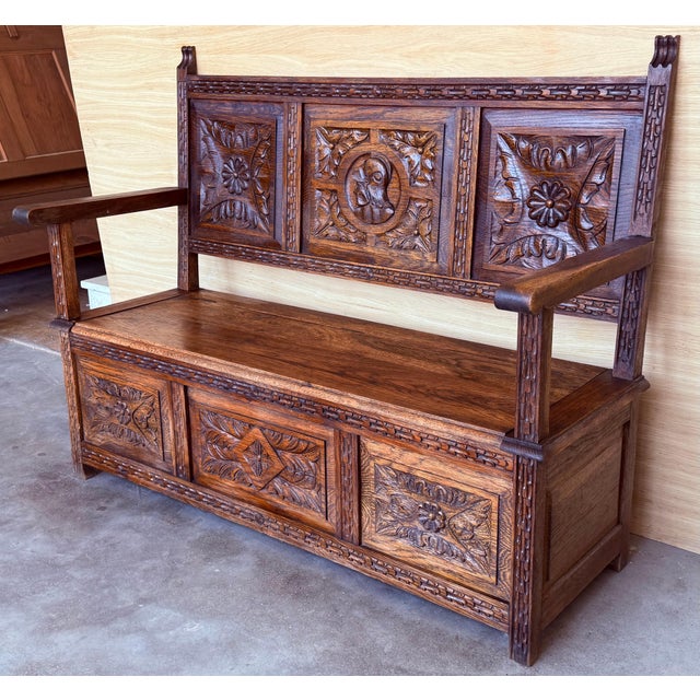 Baroque 19th Spanish Carved Large Hall Bench with Storage For Sale - Image 3 of 18