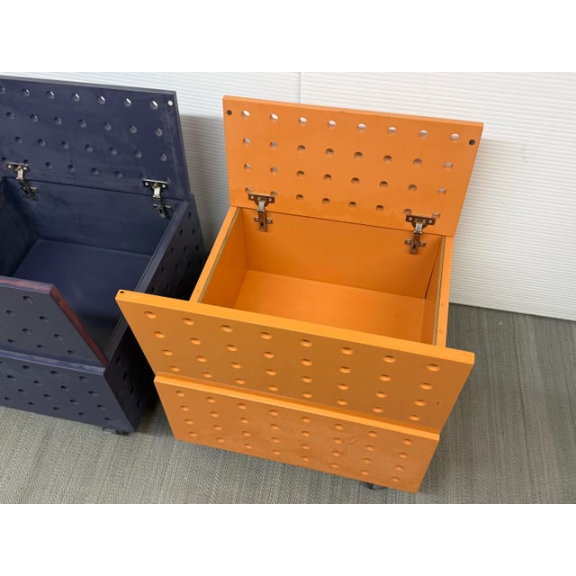 2000 - 2009 Purple + Orange Peg Board Storage Tables on Casters, Set of Two For Sale - Image 5 of 12