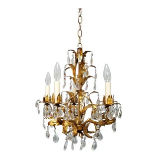 1950s Italian Gold Leaf & Crystal Chandelier For Sale