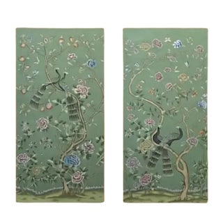 W22"* H44", Emerald Green Peacock Peony 2-Panel Chinoiserie Wallpaper Panels , No Frame, Tea Paper For Sale