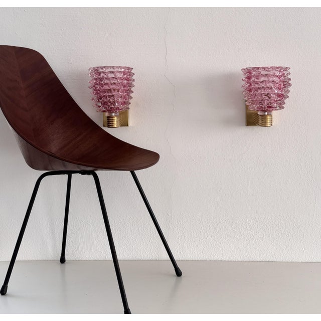 Gold Italian Art Deco Brass and Pink Rostrato Murano Glass Wall Sconces, 1990s, Set of 2 For Sale - Image 8 of 13