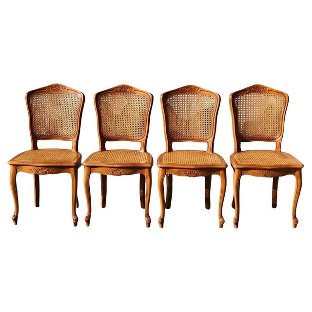 4 Vintage Cane Dining Chairs - Style Louis XV from the 80s Solid wood Chairs - Traditional French Design-good Workmanship...