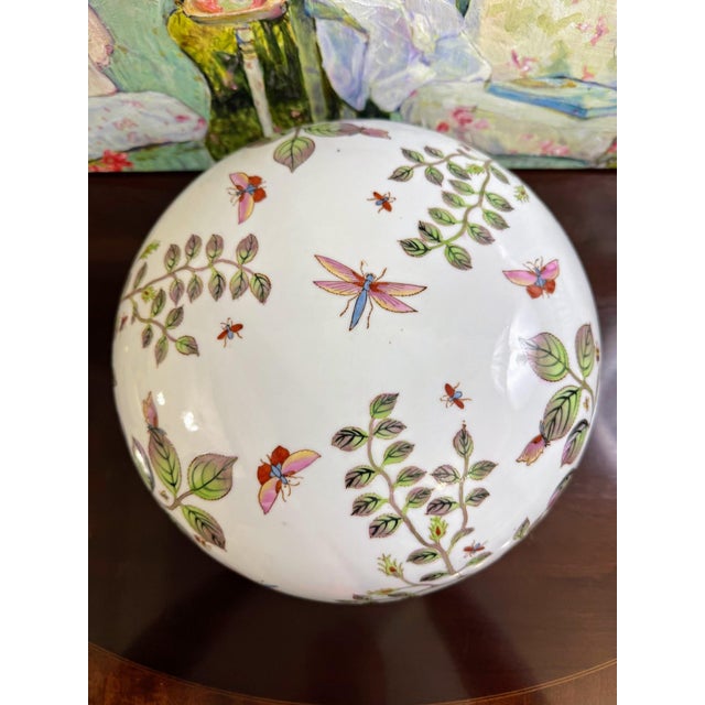 Chinoiserie Large Chinoiserie Porcelain Lidded Box Centerpiece With Butterflies Dragonflies and Floral Design For Sale - Image 3 of 9