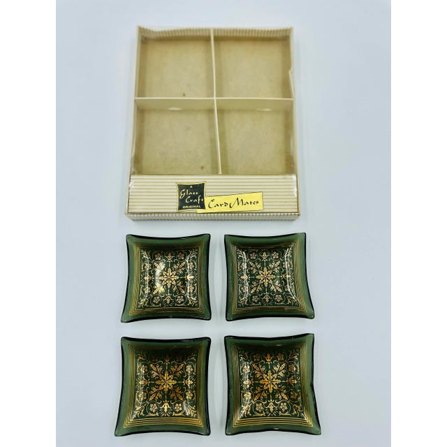 Vintage “Card Mates” Smoke Glass & Gold Leaf Petite Trays in Original Box- Set of 4 For Sale - Image 4 of 12