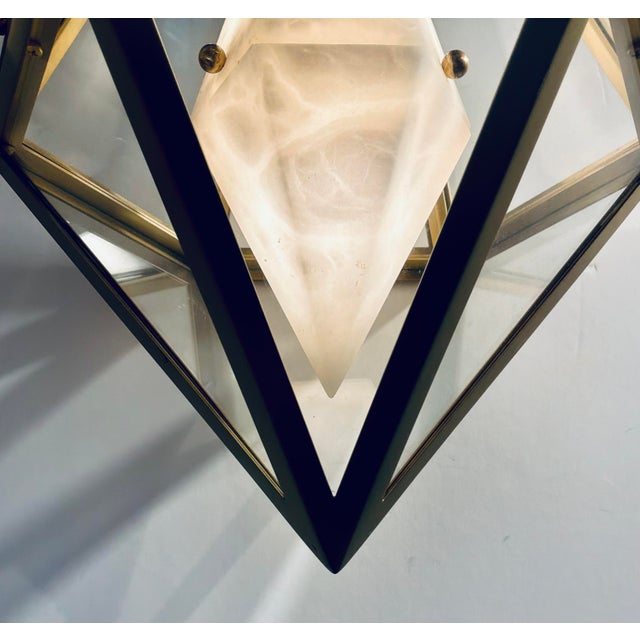Modern Baltic Modern Alabaster and Satin Brass Geometric Lens Pendant Light For Sale - Image 3 of 5