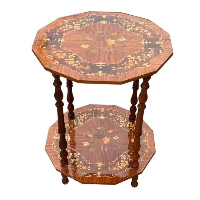 Antique Inlaid Mahogany Octagon Two‑Tier Side Table — Floral Marquetry For Sale - Image 12 of 12