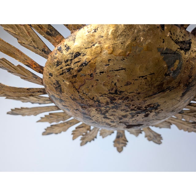 Mid-Century Gilt Metal Sunburst Flush Mount with Leaf Rays, 1950s For Sale - Image 9 of 10