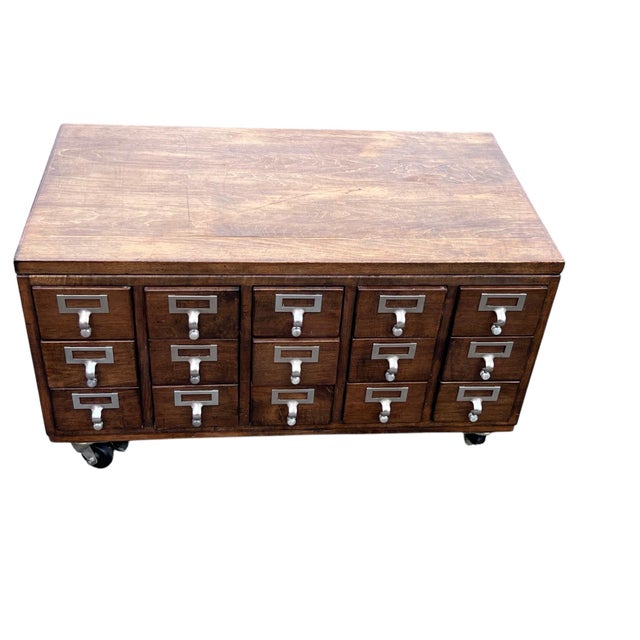 Mid 20th Century Vintage Wooden Library Card Catalog Cabinet With 15 Drawers on Casters For Sale - Image 5 of 18