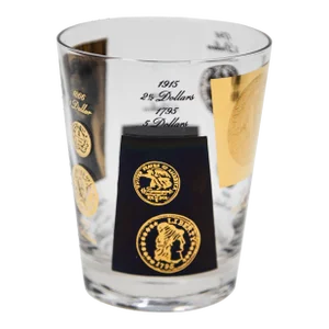 Double Old Fashioned Gold and Black Coin Barware by Cera Glass 1960s