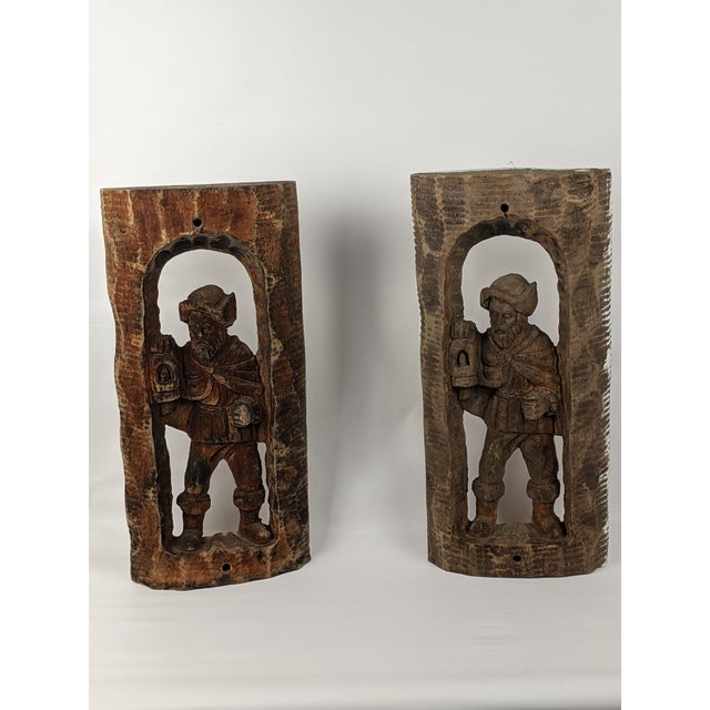 Pair of Mid-Century European Hand-Carved Wood Watchman Figural Relief Panels, Brown For Sale - Image 10 of 12