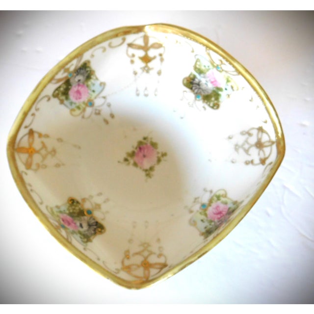 Noritake Yoshino Vintage Japanese Porcelain Hand-Painted Sculpted Gold Leaf Footed Nut Candy Dish. with floral design,...