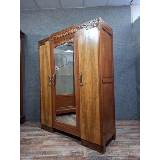 Art Deco Style Three-Door Mirrored Wardrobe in Fruitwood Veneer, 1930s For Sale - Image 6 of 10