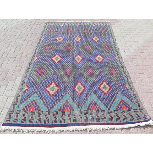 Royal Blue Handmade Turkish Vintage Kilim Area Rugs For Sale - Image 11 of 11