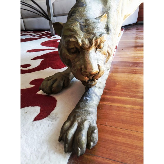 1970s Vintage Hollywood Regency Bronze Rapper Tiger Sculpture For Sale - Image 5 of 12