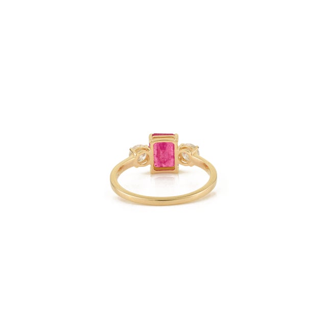 Ruby Red 1900s Inspired 1.48 Ct Emerald-Cut 14k Gold Ruby Three Stone Ring With Diamonds, Size 7 For Sale - Image 8 of 14