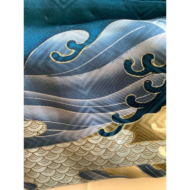 Mid Century Japanese Kimono Silk Boys Antique Hand Embroidery Navy Eagle Falcon Bird Kyoto Obi Sash Gold Foil For Sale - Image 13 of 16