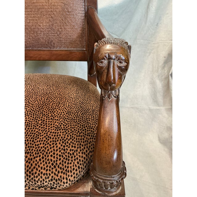 Brown Late 20th Century Regency Style Carved Lion Head Armchair With Cane Back & Leopard Upholstery For Sale - Image 8 of 18