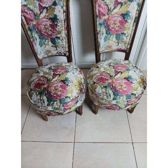 1950s Victorian Style Parlor Chair Wood Floral Design Cushion Set of 2 For Sale - Image 9 of 11