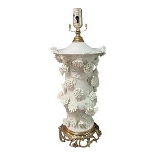 Vintage Blanc De Chine Porcelain Banquet Table Lamp Raised Flowers Ornate Brass Base For Sale