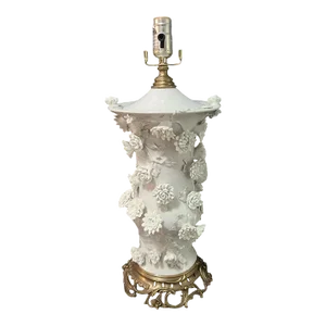 Vintage Blanc De Chine Porcelain Banquet Table Lamp Raised Flowers Ornate Brass Base