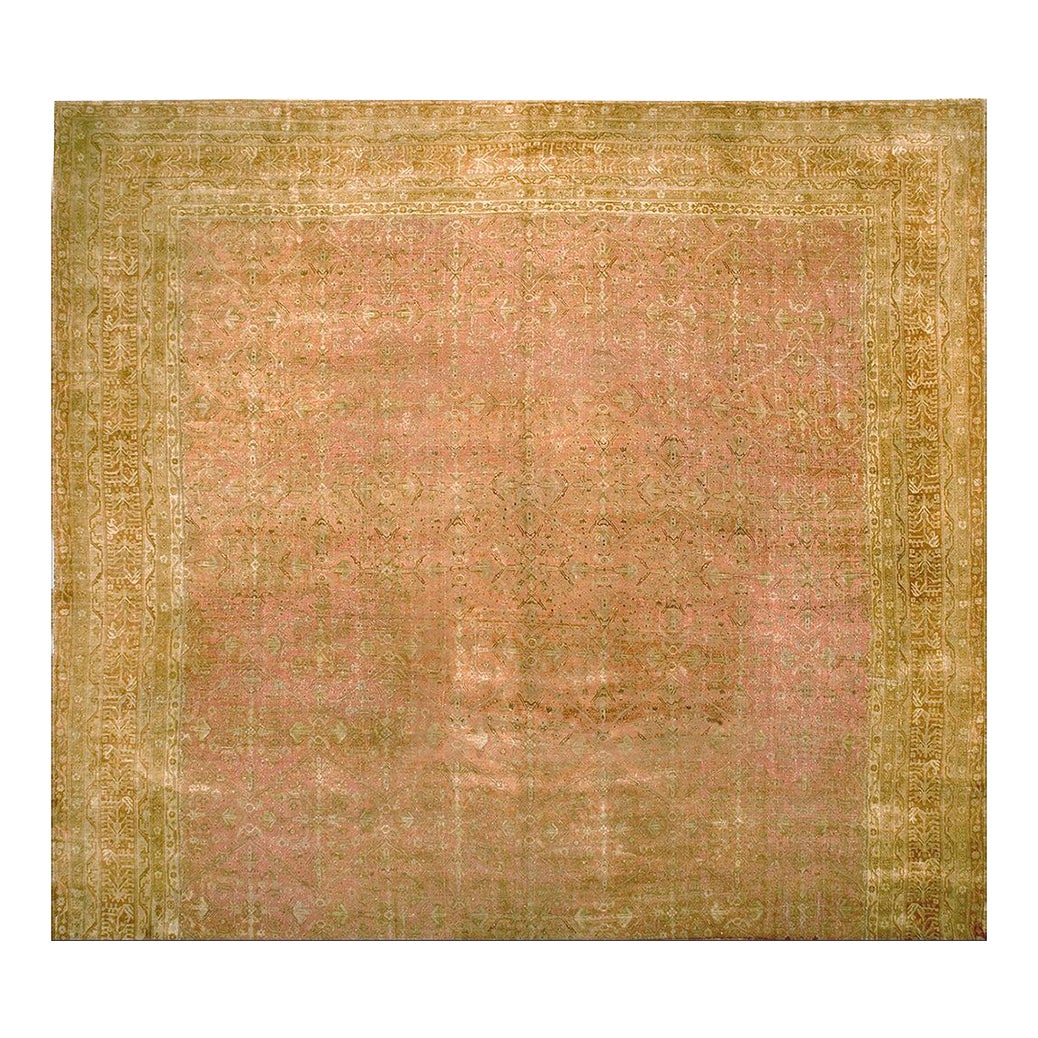 1890s Pink Rose Diamond Antique Indian Agra Rug 15' X 19'6