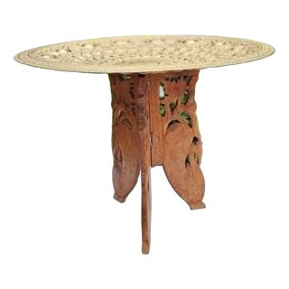 Coffee Table or Flower Stand in Wood with Brass Top, 1970s For Sale