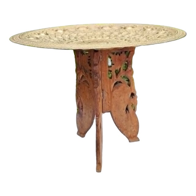 Coffee Table or Flower Stand in Wood with Brass Top, 1970s For Sale