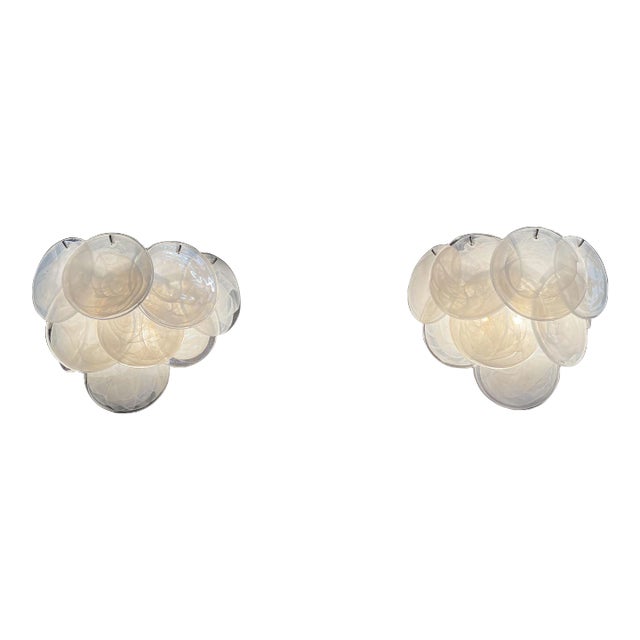 Pair of Glass Wall Sconces 10 Alabaster White Disks For Sale