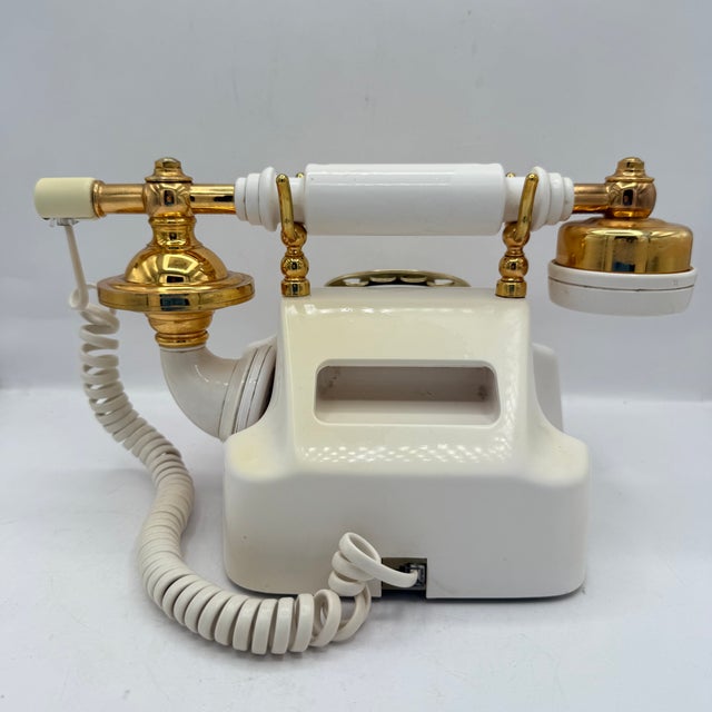 Plastic Vintage 1980s White & Gold Victorian Style Rotary Dial Telephone, Made in Japan For Sale - Image 7 of 9
