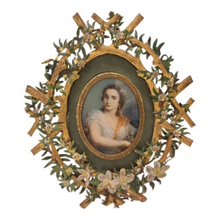 Antique Portrait Miniature Oil Painting Signed Rene With Cold Painted Frame For Sale