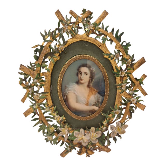 Antique Portrait Miniature Oil Painting Signed Rene With Cold Painted Frame For Sale