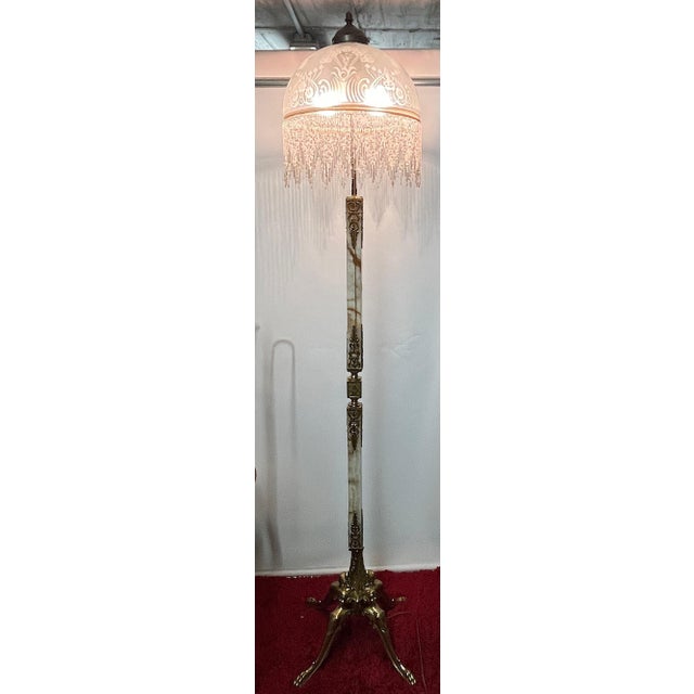 Single Brass and Onyx Bead Glass Shade Cherub Floor Lamp, 1950s For Sale - Image 10 of 11