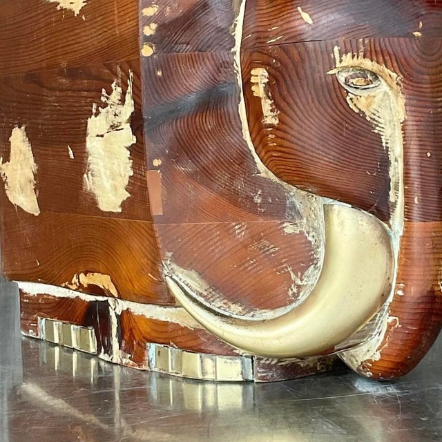 Vintage Boho Carved Wood and Brass Elephant For Sale - Image 11 of 12
