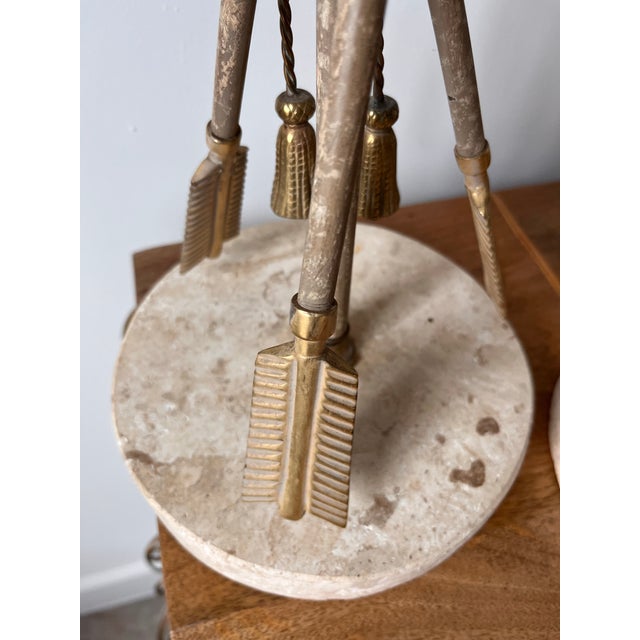 Mid 20th Century French Arrow & Tassel Lamps on Travertine Bases With Original Fabric Shades-a Pair For Sale - Image 11 of 12