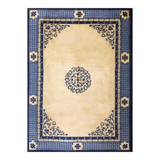 1890s Beige Medallion Antique Chinese Peking Rug 8'10" X 11'8" Handknotted Wool Carpet For Sale