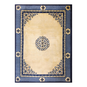 1890s Beige Medallion Antique Chinese Peking Rug 8'10" X 11'8" Handknotted Wool Carpet