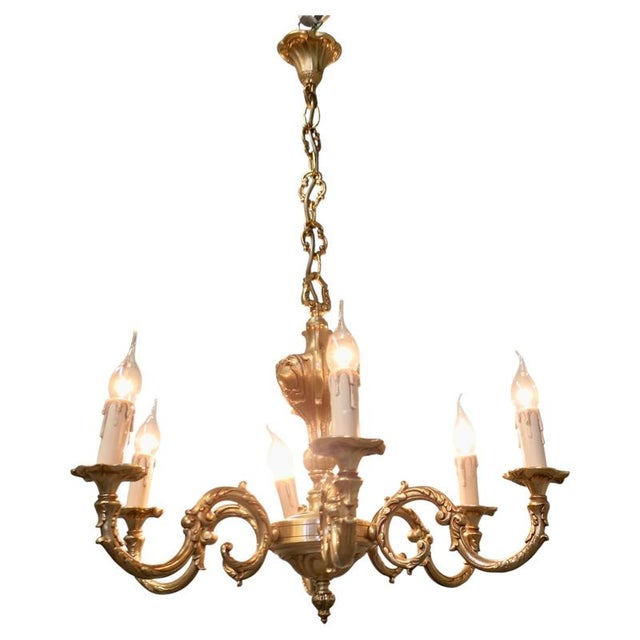 Large French Rococo Gilded Brass Six-Light Chandelier, 1960 For Sale - Image 6 of 6
