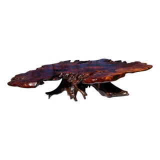 Redwood Live Edge Coffee Table Figured & Burlwood Slab, Western Red Sedar Root Stump For Sale
