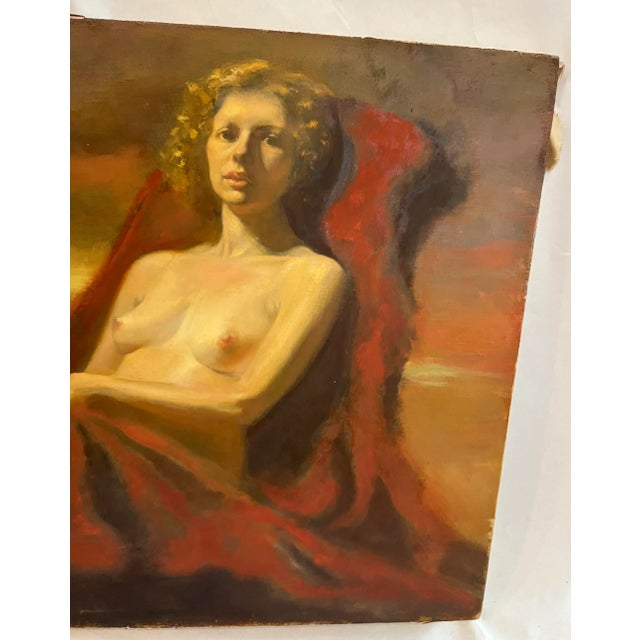 A very beautiful oil on canvas painting of a Nude woman seated on a red fabric. Very fine details. A great art collectible.