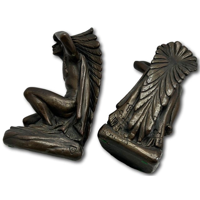 Large & Unusual Antique Native American Indian Motif Bronze Clad Bookends Signed Ruhl - Circa 1910s For Sale - Image 15 of 18