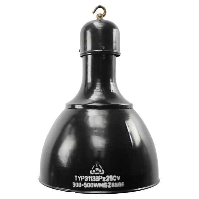 1950s Vintage Industrial Pendant Light in Black Enamel and Brass , 1950s For Sale - Image 5 of 5