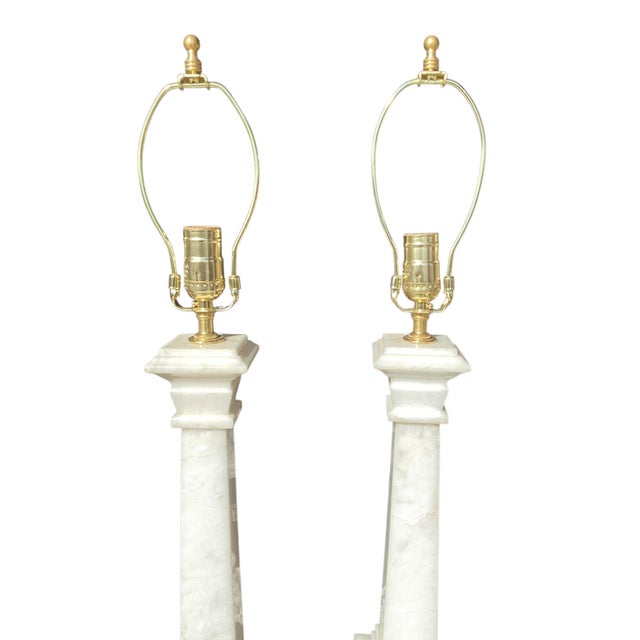 Italian Pair of Italian Alabaster Column Lamps For Sale - Image 3 of 6