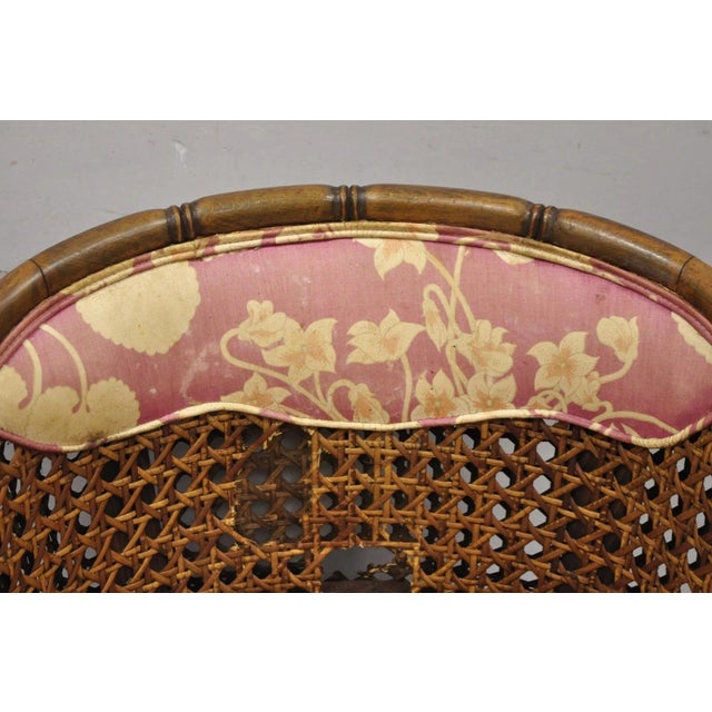 Wood Vintage Hollywood Regency Faux Bamboo Cane Barrel Back Lounge Chairs (A) - Pair For Sale - Image 7 of 12